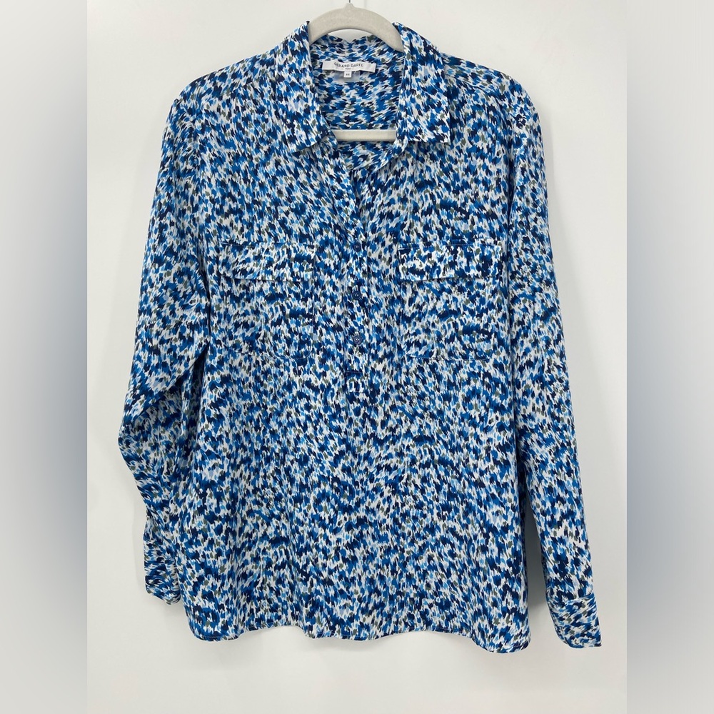 Gerard Darel Blue and White Printed Silk Button Down Blouse Size 46